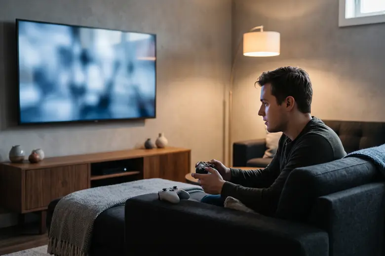 Console gaming on a large screen with surround speakers placed behind the seating position