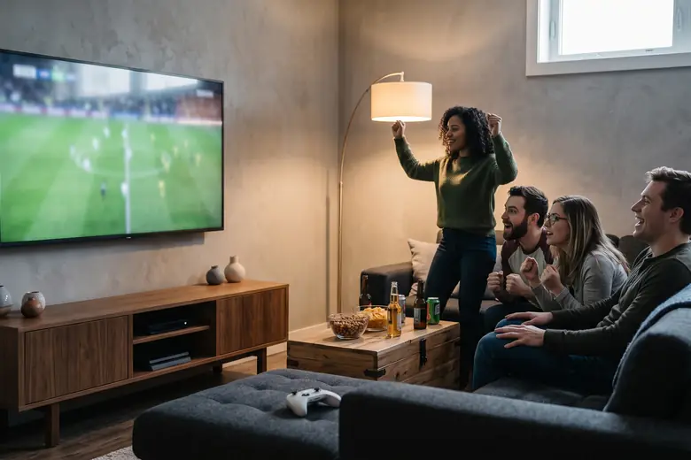 Friends watching a football match at home with the Bannister 8800 Elite Series surround system
